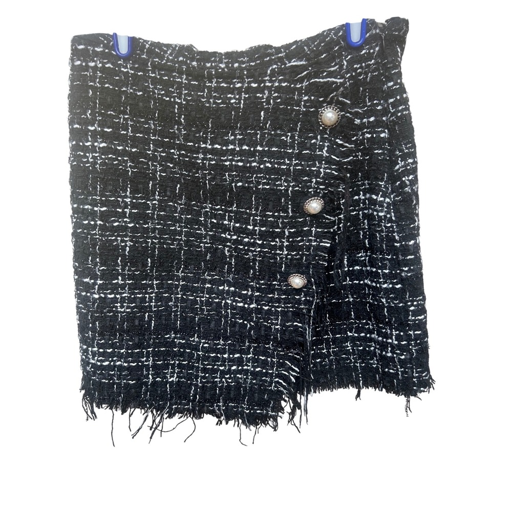 Blue Rain Francesca's Tweed Mini Skirt‎ Black White Pearl Button Detail M